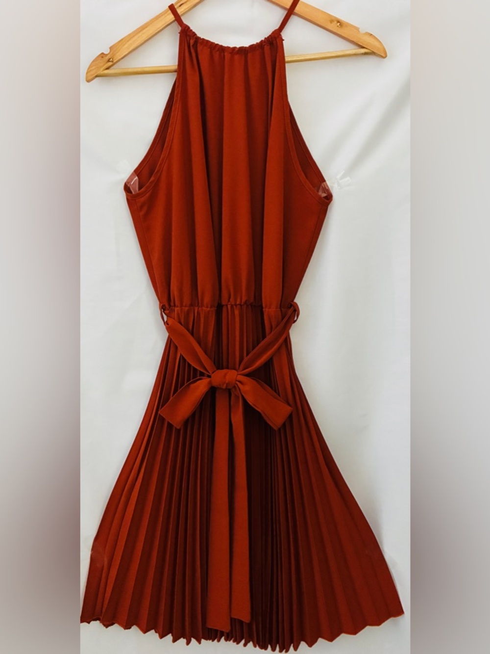 Rust Red Halter Pleated Mini Dress with Waist Tie